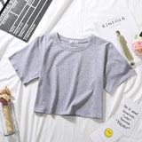 Summer Short Sleeve T Shirts Women Cotton Solid T-shirt O Neck High Waist Crop Top Tee Female Casual Loose T Shirt-Outfit