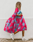 2022 Women Rose Red Maple Leaf Print Green Round Neck Dress Large Casual Loose