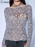 Women's Printed Top Sexy Long-Sleeved O-neck Black Mesh T-shirt Streetwear Casual Slim Girl's Blouse Clothing Hot New-Outfit