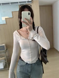 Girls Tight Agaric Edge V-Collar Long-Sleeved T-Shirt Women's Autumn New Thin Bottom Shirt Soft Waxy Inner Coat-Outfit