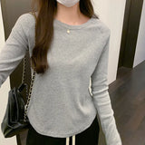 New Autumn And Winter T-Shirt With A Round Collar And Long Sleeves. A Short Ins Blouse With A Curved Hem.-Outfit