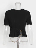 Minimalist Solid T Shirt For Women O Neck Short Sleeve Patchwork Chain Irregular Slim T Shirts Female Summer