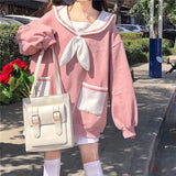 QWEEK Kawaii Hoodies Women Sailor Collar Sweatshirt Japan Style Oversized Soft Girl Navy Long Sleeve Top Funny Bear