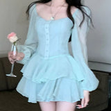 TWOTWINSTYLE Patchwork Mesh Dress For Womens Square Collar Long Sleeve High Waist Solid Mini Dresses Female Summer Clothing