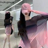 T Shirt Women Sexy Hollow Out Thin Gradient Oversized Tops Fashion See Throught Summer Tshirts Backless Y2k