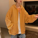 QWEEK Striped Sweatshirt Women Long Sleeve Zip Up Hoodie Korean 2021 Fashion Yellow Top Casual Oversized Streetwear