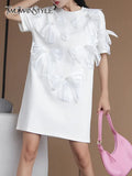 TWOTWINSTYLE Patchwork Bowknot Dress For Women Round Neck Short Sleeve Loose Solid Mini Dresses Female Summer Clothing