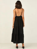 Summer Ladies Suspender Dress Temperament Sexy Backless Solid Color V-neck Hollow Black Suspender Large Swing Women's