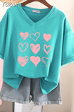 100% Cotton L-6XL T Shirt Plus Size Tshirt Short Sleeve Women Top Summer Heart Print Sweet V Neck Oversized T