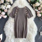 Sleeve O-neck High Quality Knitted T-shirts With Decorated Buttons Girls Stretchy Top Thin Tshirt Summer Tees For