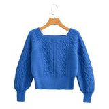 New Square Collar Long-Sleeved Twist Textured Short Sweater In Autumn-Outfit