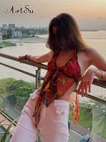 Print Halter Bandage Strings Patchwork Slit Irregular Crop Top Summer Fashion Clothes Streetwear Drop Shipping
