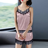 Pajamas Set Home Suit Top And Shorts Sexy V-Neck Sleeveless Satin Lace Sleepwear Pijama Home Clothes For Women