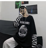 Tshirt Casual Letter Print O-Neck Stripe Tees Creativity Loose T-Shirts Women Long Sleeve Oversize Top Hip Hop