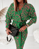 Independent Station Autumn Printed V-Collar Stylish Long-Sleeved Dress-Outfit