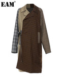 Women Khaki Plaid Color-block Big Size Trench New Lapel Long Sleeve Windbreaker Fashion Tide Spring Autumn 2023