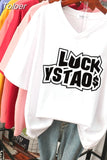 100% Cotton L-5XL T Shirt Plus Size Tshirt Short Sleeve Women Top Summer Letter Print Couple V Neck Oversized T