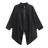 Black Drawstring Big Size Irregular Jacket New Stand Collar Batwing Sleeve Women Coat Fashion Spring Autumn 2023