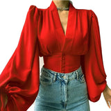 Elegant Leisure Button V-neck Lantern Sleeve Top