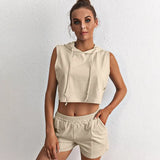 Hoodie Sweatshirt Set Solid Sleeveless Female 2 Pieces Tracksuit Lace Up Crop Top+shorts Pockets 2021 Summer Casual