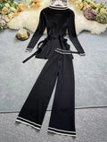And Winter Long-Sleeve Knit Suits Lace-Up Waist Mid-Length V-Neck Cardigan + Wide-Leg Pants Two-Piece Outfits