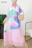 Straight Dress For Women Lapel Long Sleeve Single Breasted Colorblock Patchwork Ruched Dresses Female Clothing