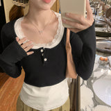Lace Lace Long-Sleeved T-Shirt Women's Early Spring New Style Slim And Slim Fake Two Inner Jackets-Outfit