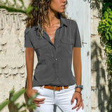 Cotton Tops Blouses 2019 Autumn Short Sleeve Solid V-Neck Office Blouse Female Work Women Button Up Shirt Plus Size