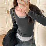 Sense Of Design For A Minority Round-Necked Early Autumn Long-Sleeved T-Shirt, A New Style Of Fake Two Matching-Color Bottomed Shirts With Underwear.-Outfit