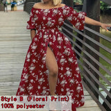 Off Shoulder Maxi Dress Celmia Women Lantern Sleeve Casual Loose Split Sundress Summer Buttons Party