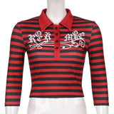 Goth Print Tops Stripe Cute Y2K T-Shirts Dark Academia Techwear Button Up V Neck Half Sleeve Sweat Shirts Grunge