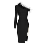 Patchwork Fur Asymmetrical Dress For Women Diagonal Collar Long Sleeve High Waist Midi Dresses Female Clothing