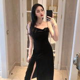 2023 Vintage Women Dress Spaghetti Strap Slit Velvet Black Dress Sexy Bodycon Bandage Dress Midi Party Dress Verano