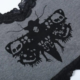Lace Patchwork Transparant Back Body Crop Top Women Sleeveless Clubwear Gothic Style Skull Graphic Embroidery Black Camis-Outfit
