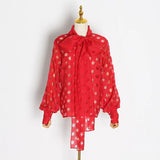 Polka Dot Patchwork Bowknot Women's Shirts Lantern Long Sleeve Casual Shirt Female 2022 Spring Fashion New