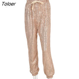 Sequin Sequin Drawstring Casual Pants 2023 Fashion New High Waist Ladies Lace-up