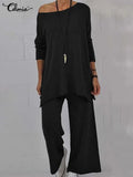 Women Pant Sets Summer 2022 Fashion Off Shoulder Tops and Elastic Waist Trousers Suits Casual 2 PCS Knitted Matching