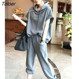 Women's Suits Oversized Hooded T-shirt Casual Sports Short Sleeve Tshirt Elastic Trousers Two Piece Sets 2022 Spring Summer