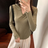Basic Style Threaded Hooded Top Women's Autumn And Winter New Slim Short-Sleeved T-Shirt-Outfit