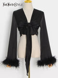 Solid Shirt For Women V Neck Long Sleeve Patchwork Feathers Sexy Belt Blouses Female Fashion Cloth Style New