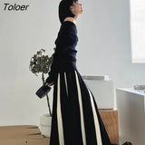 Fashion Striped Mixed Color Long Skirt Women High Waist Elegant Woman Pleated Skirt Spring Knitted Faldas Largas