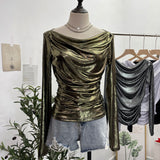 Real Shooting Stacking Long-Sleeved Pile Folded Shoulder T-Shirt Metal-Sclide T-Shirt