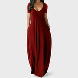 Casual Long Dress Summer 11 Colors Solid Short Sleeve Maxi Dresses Fashion Pocket V-neck Female Loose Dress Robe