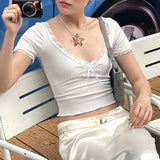 New Summer Style Short Color V-Neck Lace Splicing Bowknot Slim Fashion Short-Sleeved T-Shirt-Outfit