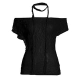 Pure Babes Perspective Lace Lace Shoulder Strap Around The Neck Solid Color Short-Sleeved T-Shirt