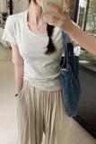 Short Threaded Shoulder Slim Short-Sleeved T-Shirt Women's New Solid Color Summer Casual Round Collar Blouse-Outfit