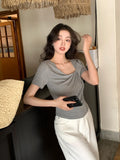 Xixi 13 Line 2025 Spring And Summer New Temperament Thringing Knotted Knitted Knitted Short-Sleeved T-Shirt