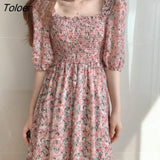 Floral Chiffon Dress Women Sweet Puff Sleeve Empire Vintage Fairy Slim Square Collar Vestido Pink Temperament Elegant