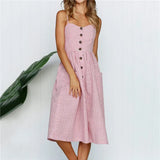 Striped Sleeveless Dress Summer Sexy Spaghetti Strap Solid Sundress Casual Backless Button Pocket Empire Female