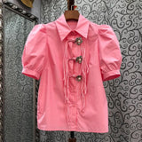 Casual Shirt For Women Lapel Puff Sleeve Patchwork Tassel Solid Button Through Blouse Female Clothes Style New